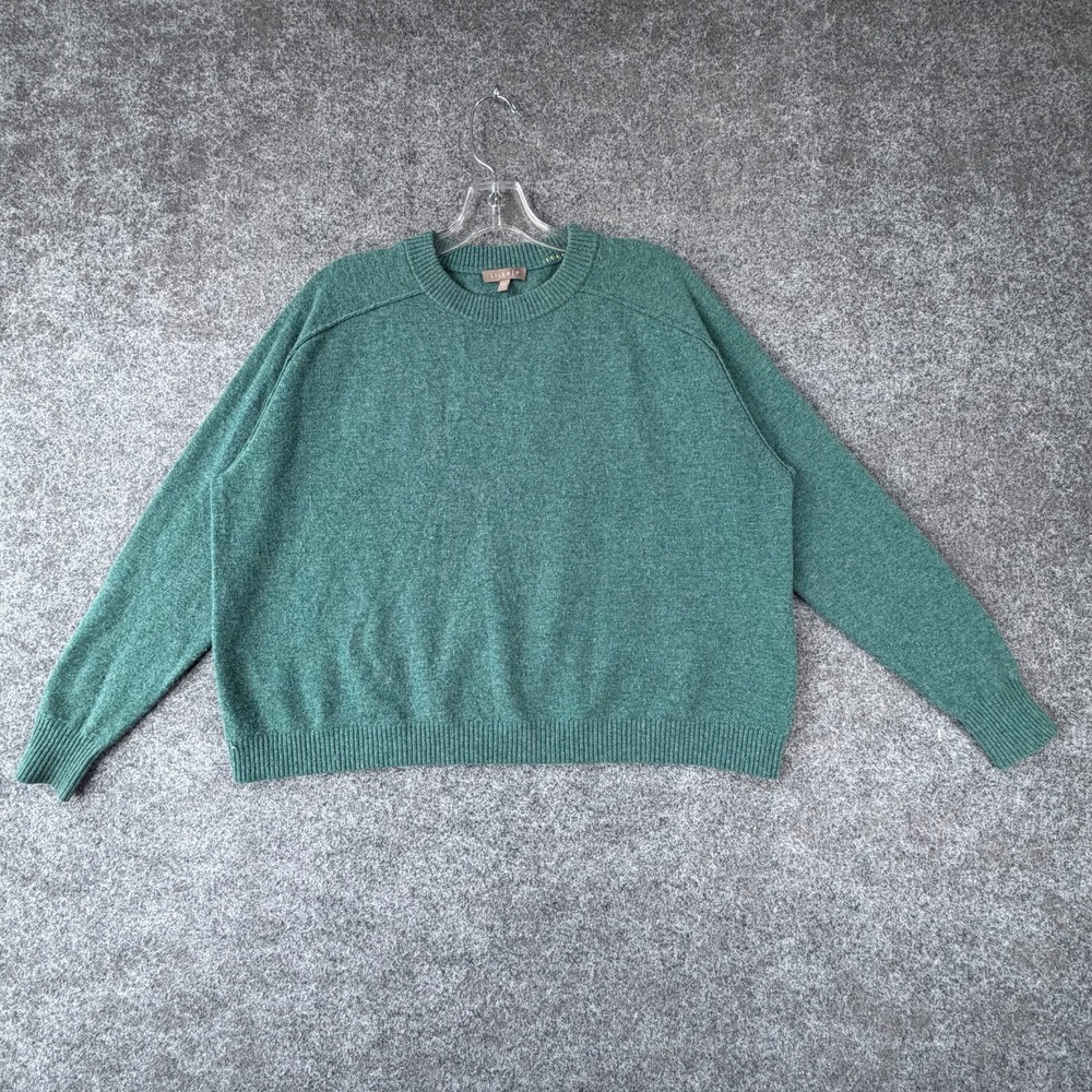 Lilla|P Sweater Womens Small Green Merino Wool Tight Knit Ribbed Trim Crew Neck